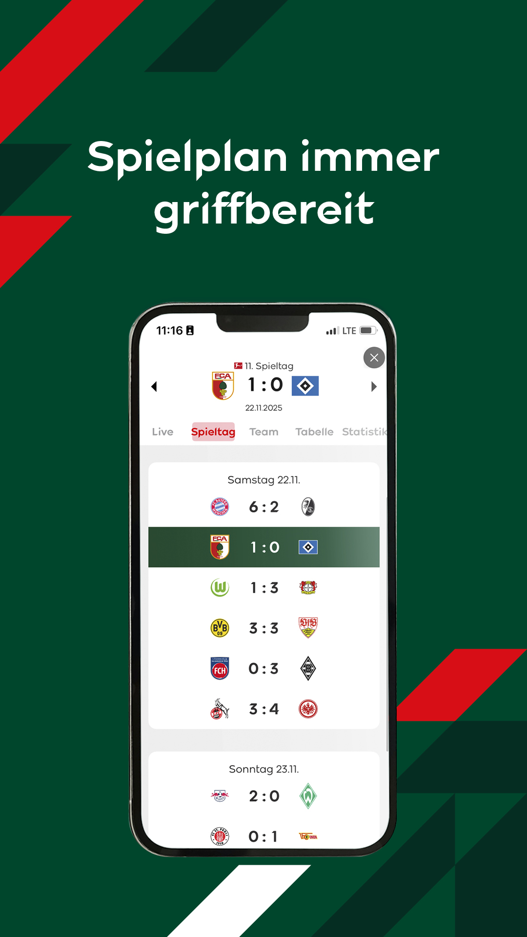 Screenshot Spielplan in der FCA-App