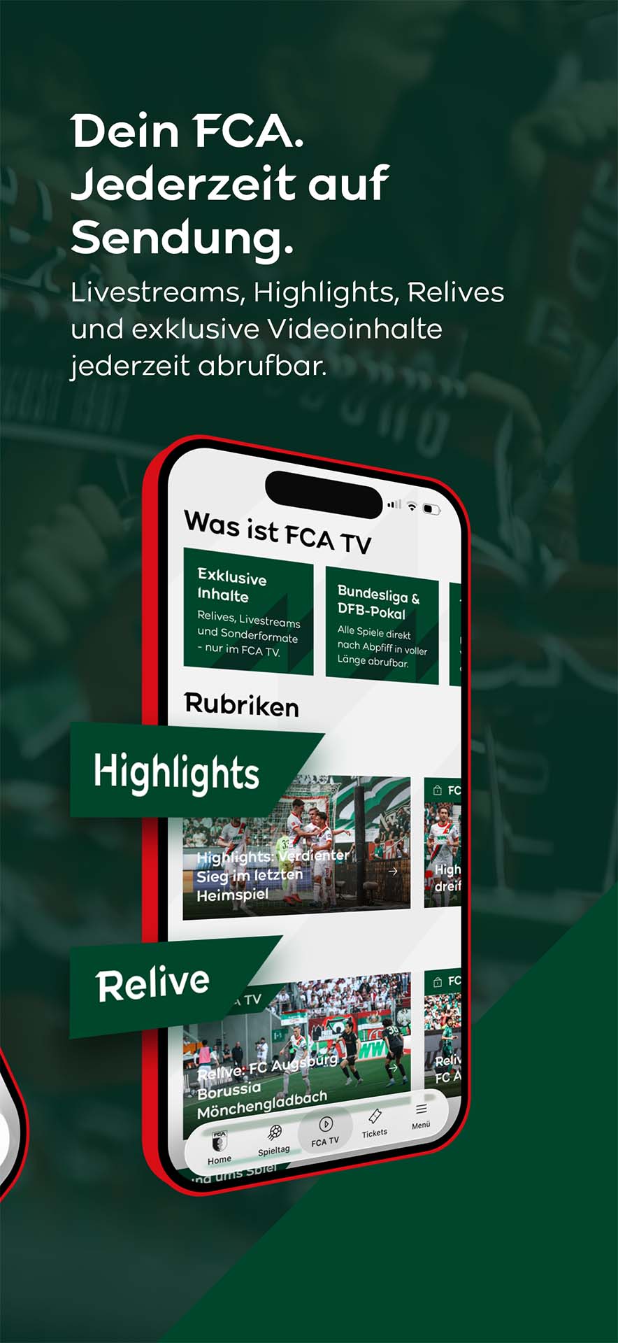 Übersicht des FCA TV in der FCA-App
